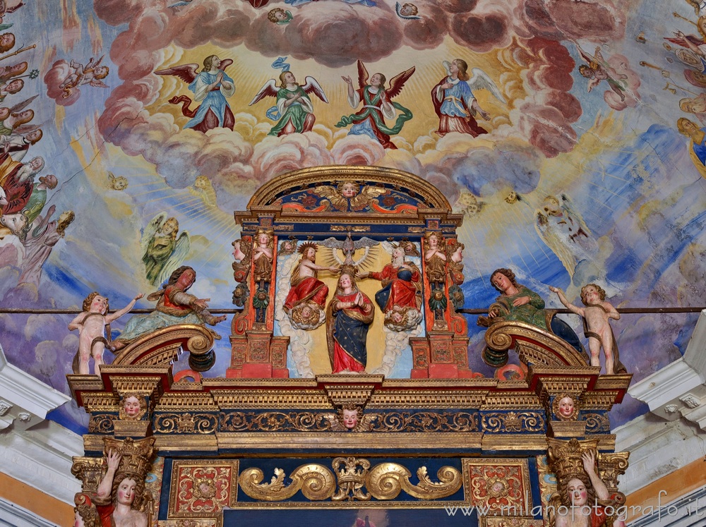 Trivero (Biella, Italy) - Upper part of the retable of the altar of the Large Church of the Sanctuary of the Virgin of the Moorland